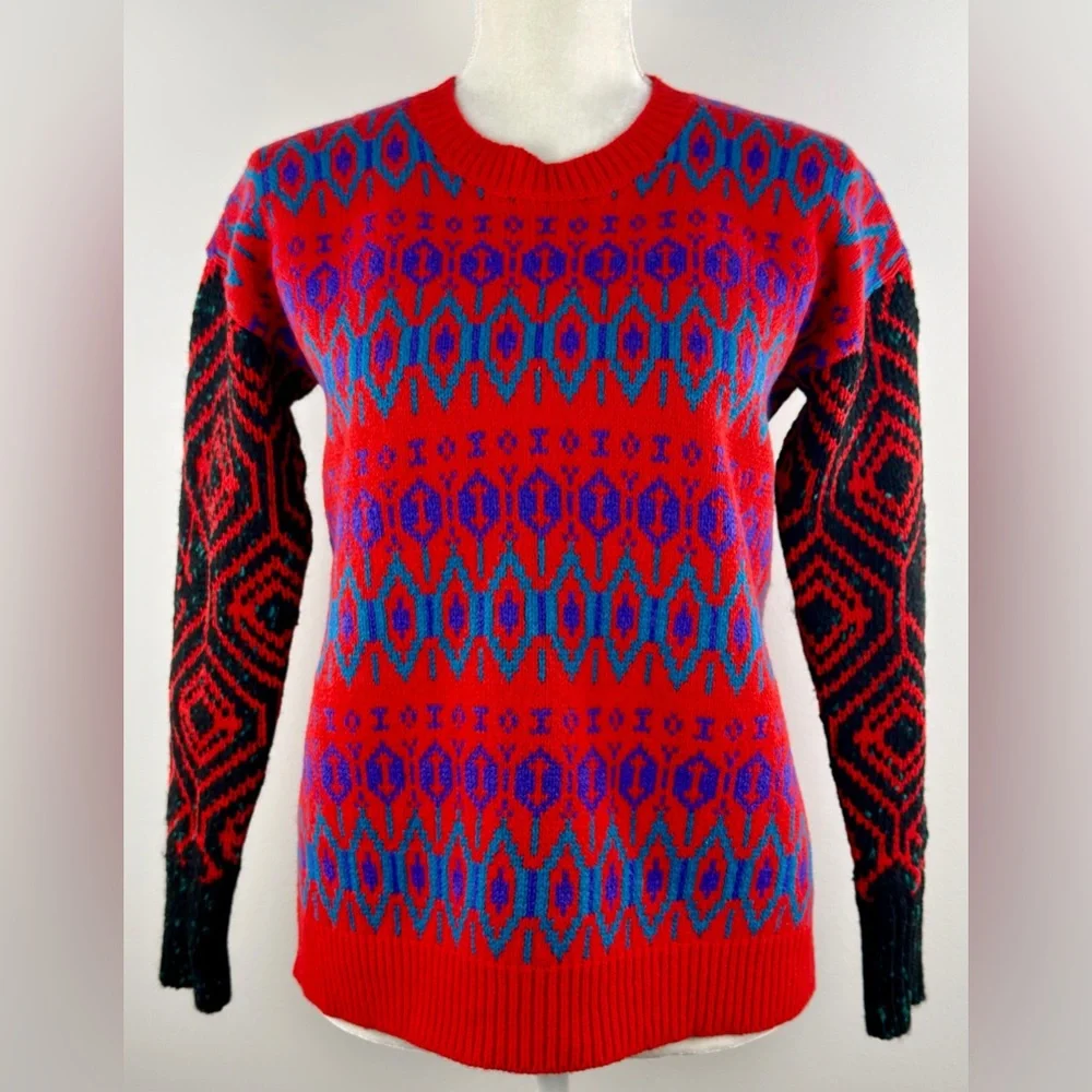 J. Crew Red Diamond Fair Isle Lambswool Chunky Knit Sweater Pullover Womens XS